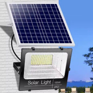 Proiector LED/Lampa solara de exterior AT PERFORMANCE®, Rezistent la Apa IP67, cu Panou Solar, 220 LED SMD, 100W, Senzor de lumina, Timer, cu Telecomanda, 2 moduri de iluminat, kit montaj inclus, Lumina Rece.