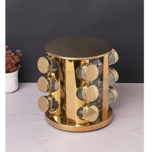 Set 12 recipiente, At Performance, pentru condimente, cu suport inox rotativ, auriu