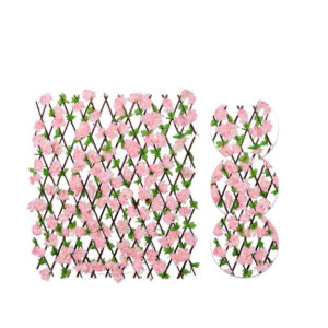 Gard paravan viu cu frunze si flori artificiale, AT PERFORMANCE, extensibil, 100x200 cm, roz