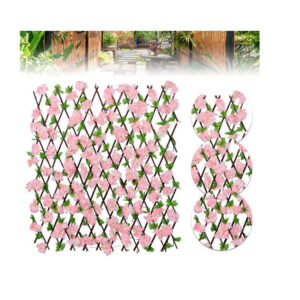 Gard paravan viu cu frunze si flori artificiale, AT PERFORMANCE, extensibil, 100x200 cm, roz